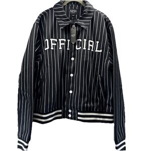 NWT BooHooMan Jacket Mens L Black Bomber Varsity Baseball Pinstripe Striped Y2K